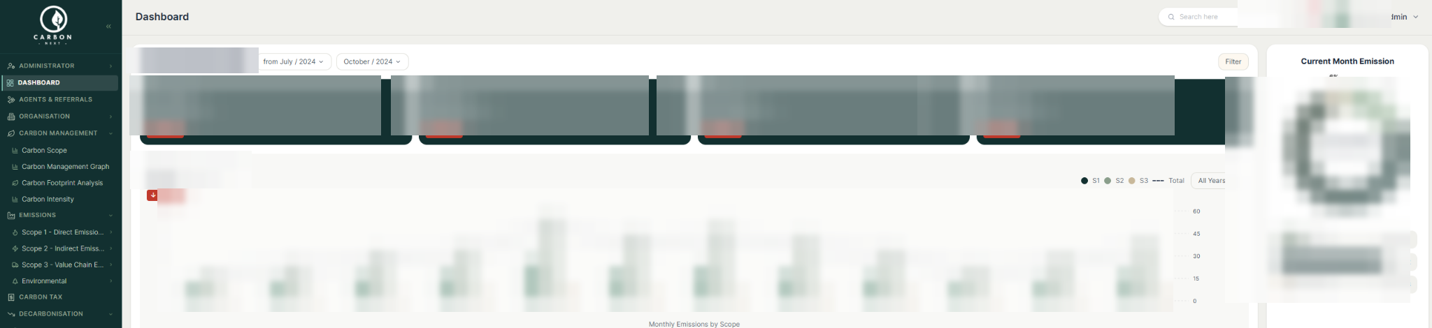 Redacted Carbon Next dashboard showing emissions visibility and reporting panels.