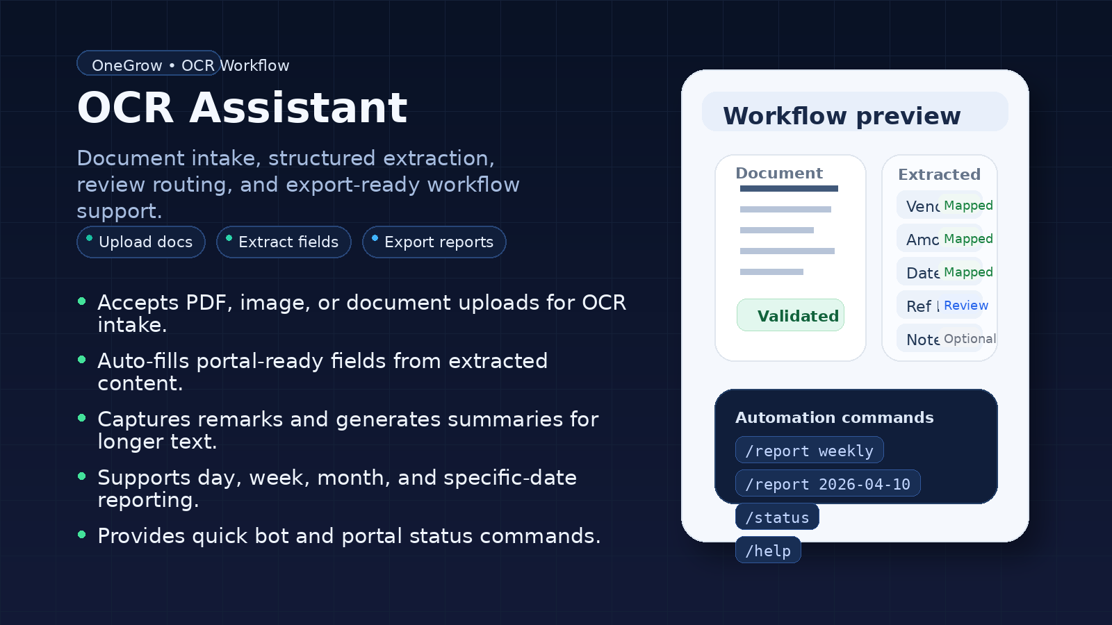 Public-facing OCR assistant visual showing document intake, extraction, review, and export workflow support.